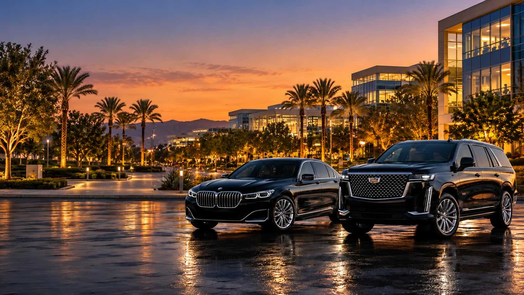 Luxury black sedan and SUV outside Irvine office buildings at dusk for Irvine car service