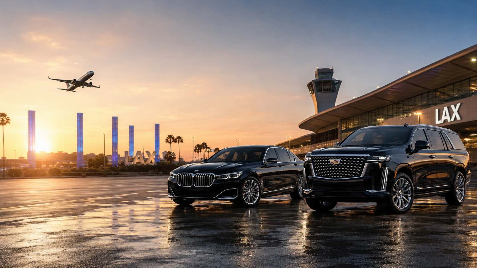Chauffeured Lincoln Navigator and Mercedes van beside a private jet at sunset