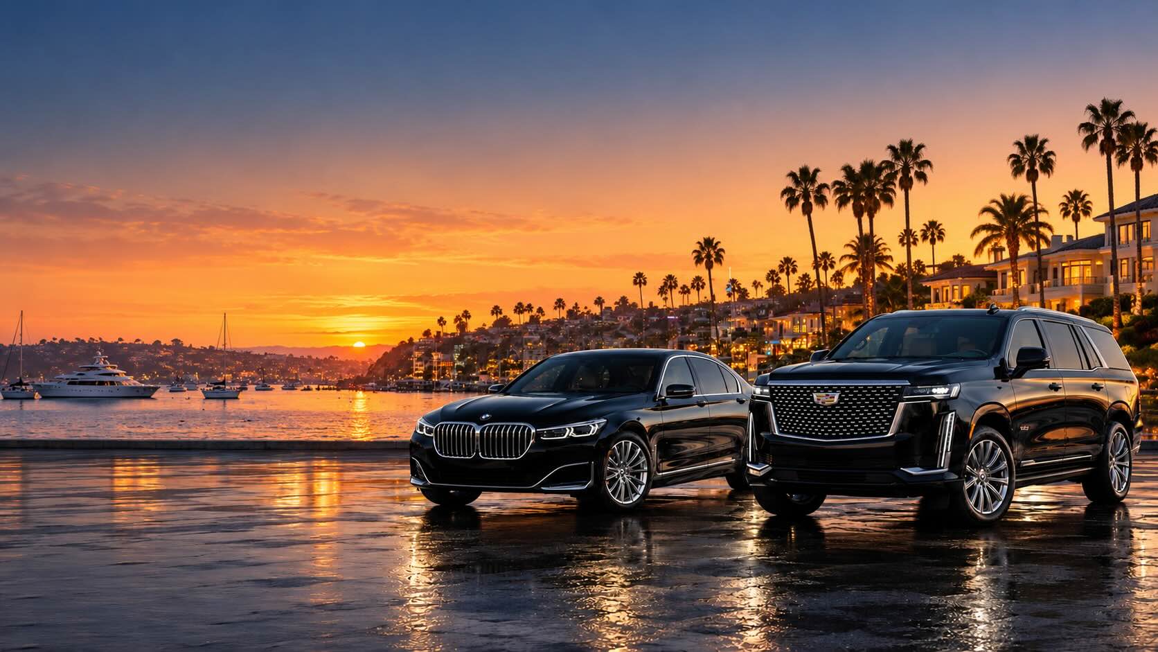 Luxury black sedan and SUV beside Newport Harbor at sunset for Newport Beach car service