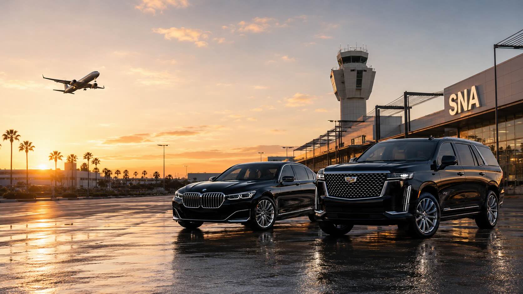 Luxury chauffeured SUV and Mercedes van providing private transportation at John Wayne Airport in Orange County